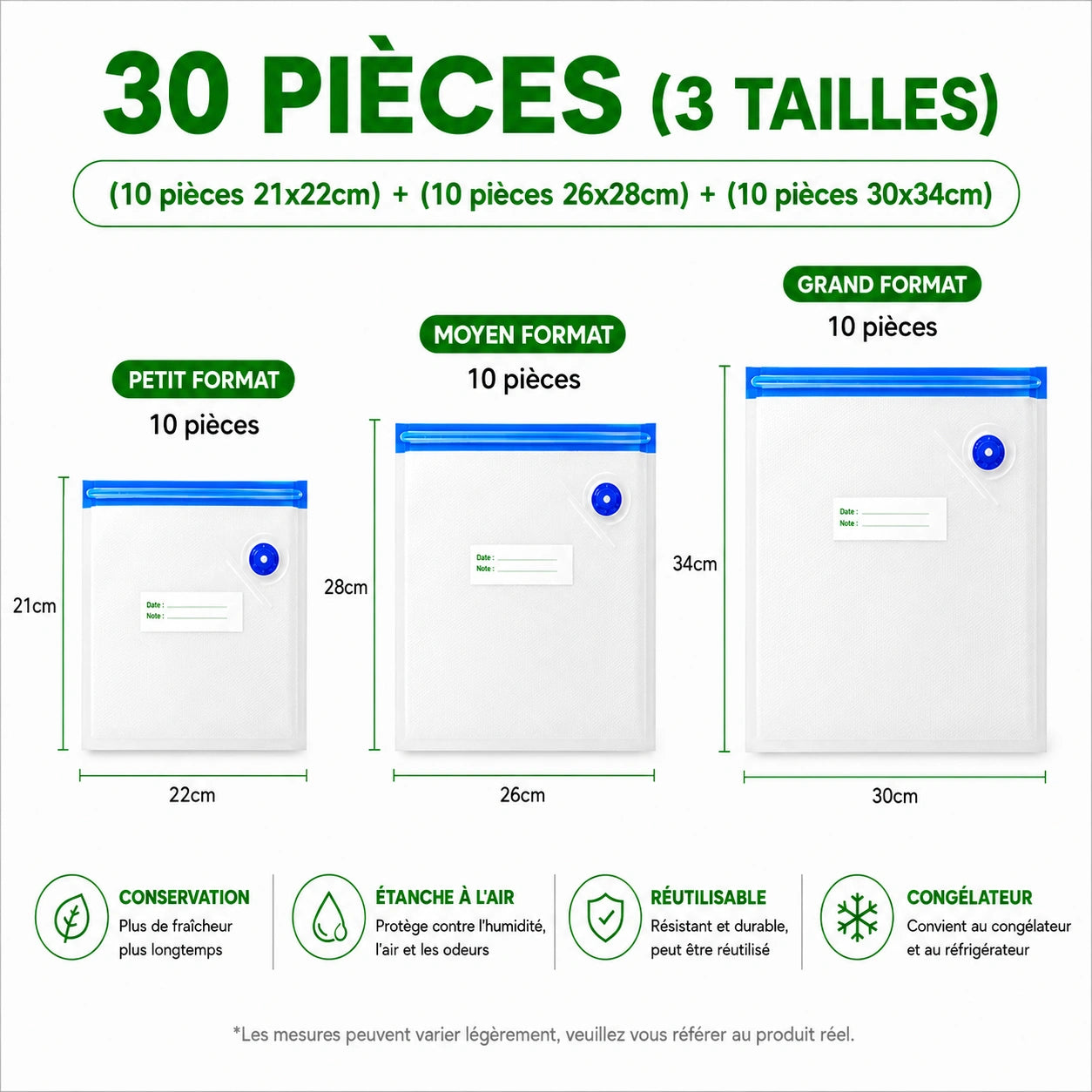 AirSeal™ Recharge – Lot de 30 sachets réutilisables, 3 tailles